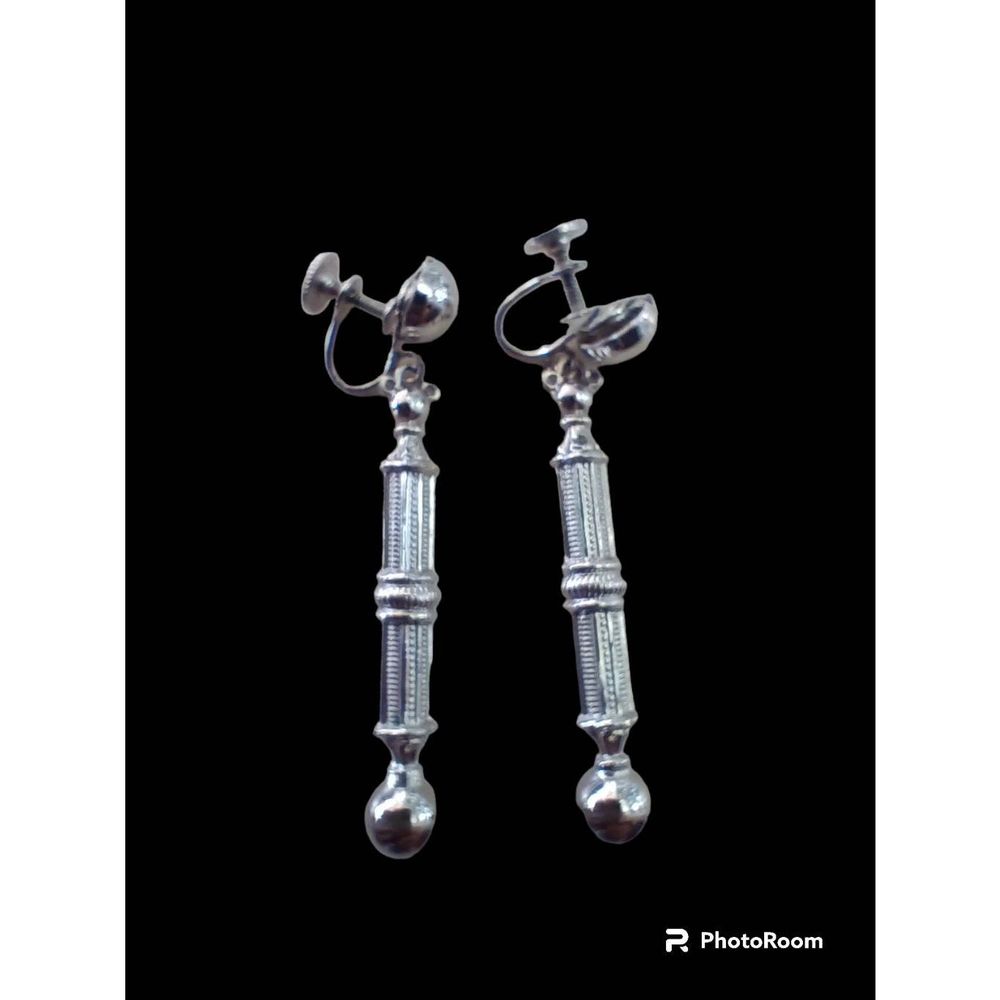 Vintage CORO Drop Earrings Rhodium? Stamped Screw Back Drop Dangle Column Mirror